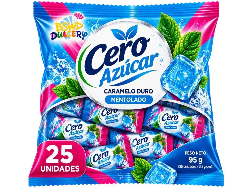 Paquete de dulce Cero Azúcar Dulcery BSWP, caramelo duro mentolado por 25 unidades