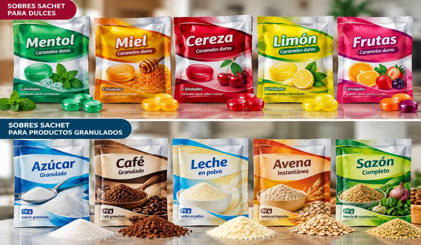 Sobres sachet de dulces y de productos granulados
